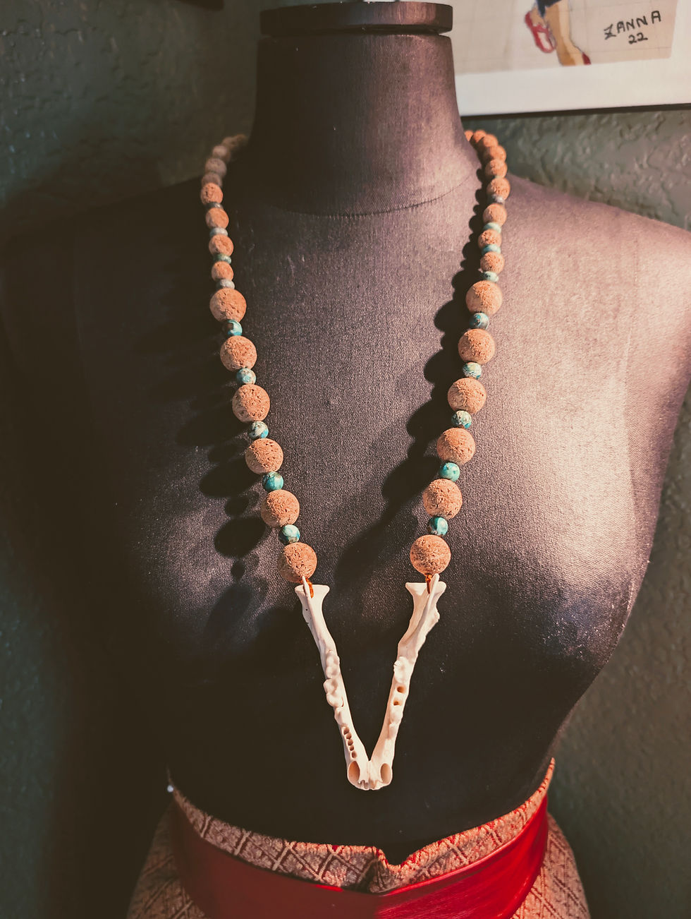 Raccoon Mandible, Cork & Turquoise Necklace