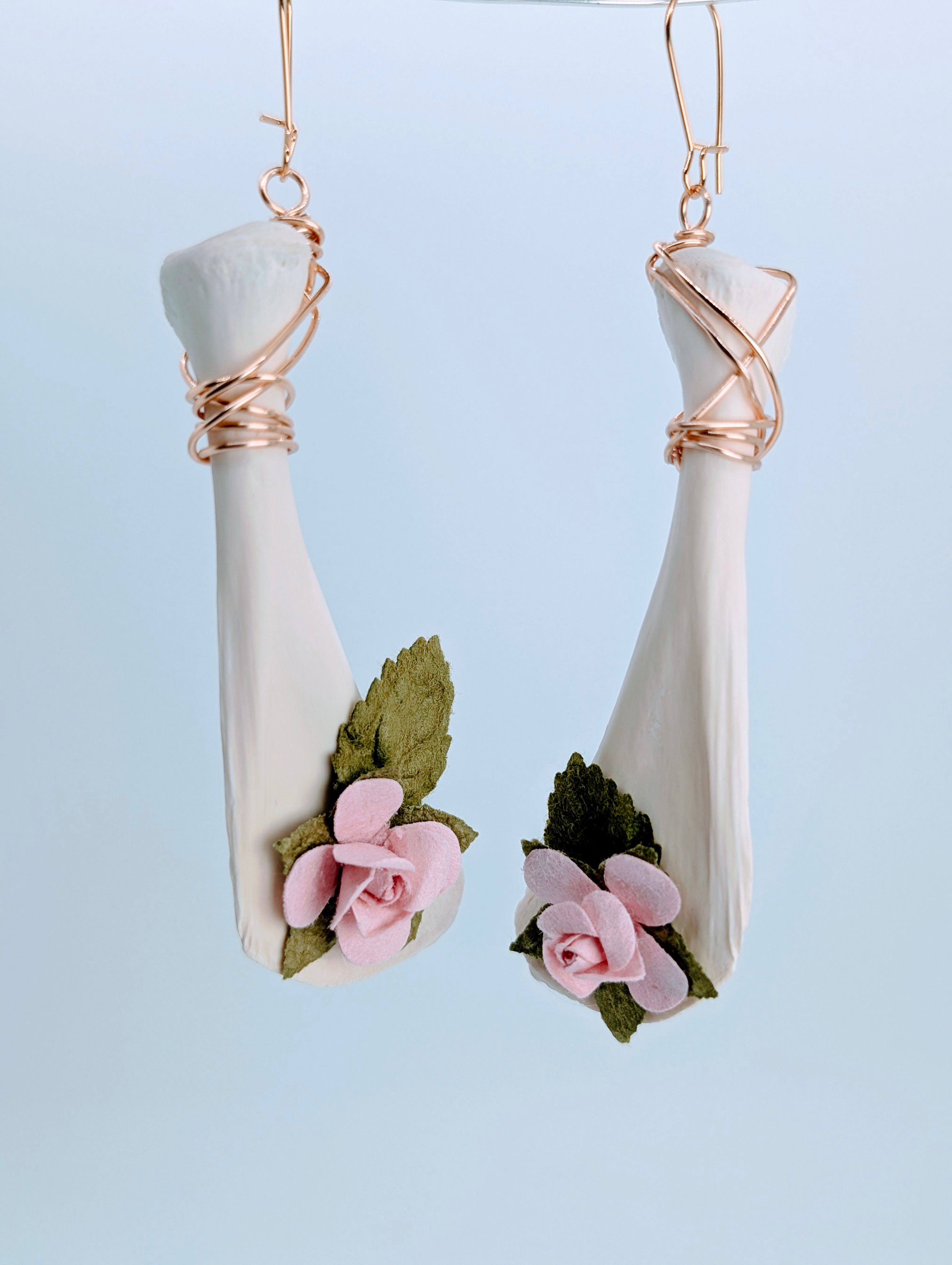Pink Blossom Softshell Turtle Procoracoid Earrings with Gold Tone Wire Wrap.