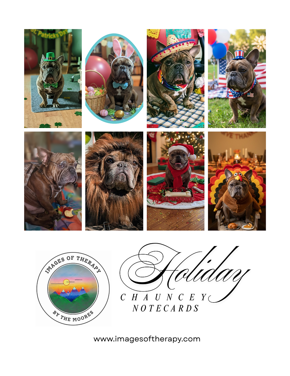 Collection of 8 holiday dog notecards featuring Chauncey the Bully Muse in festive costumes.