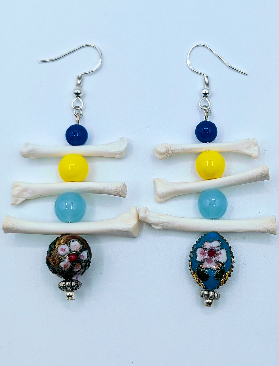 Miniature : Triple-Tier Raccoon Metacarpal & Cloisonné Ladder Earrings | Bone Boutique