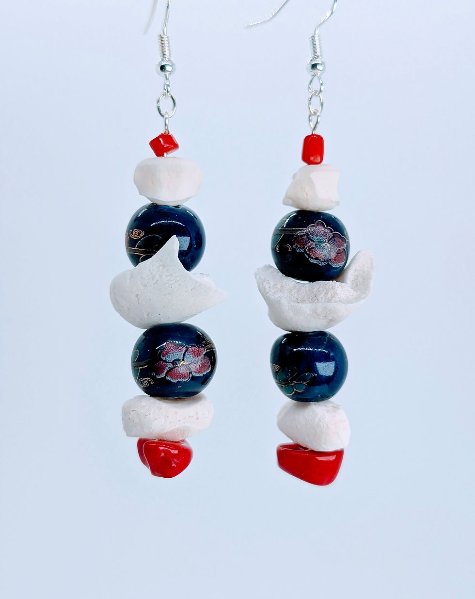 Wild Boar Epiphysis Coral & Ceramic Assemblage Earrings