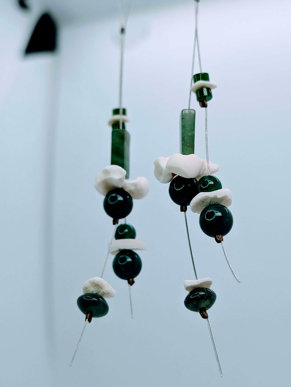 Armadillo Astragalus & Epiphysis Bead Wire Illusion Earrings with Jade