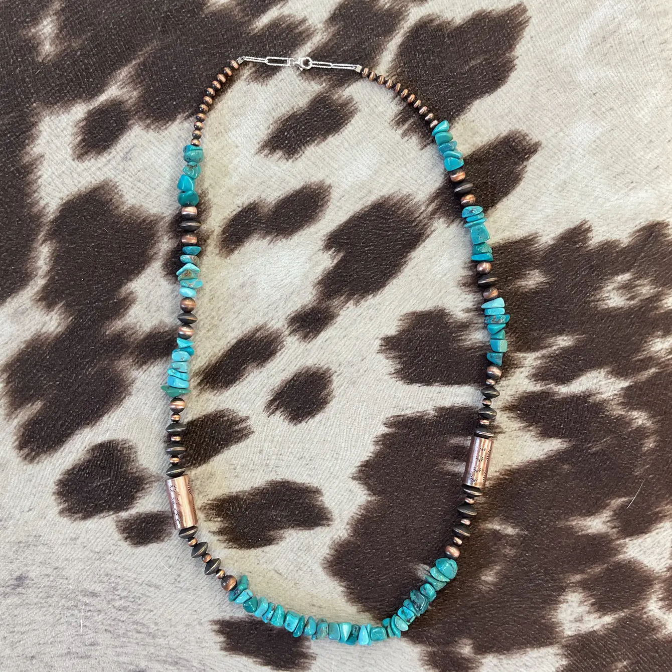 #540 Genuine Turquoise & Copper Stamped Barrel Necklace