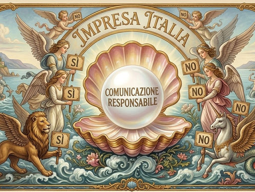 Una conchiglia dal quale esce una perla con su scritto comunicazione responsabile tutto in uno stile botticelliano