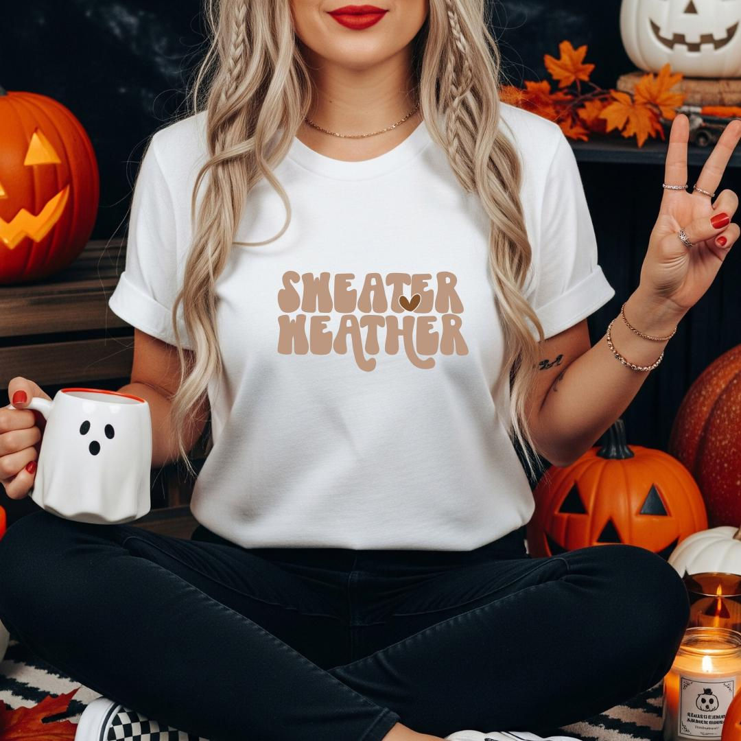Sweater Weather T Shirt, Groovy Retro 70s Autumn T Shirt, Cosy Neutral Fall Top