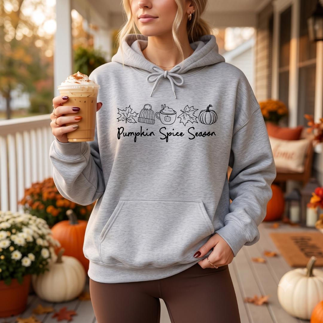 Pumpkin Spice Season Hoodie, Minimal Fall Doodle, Cozy Autumn Top (100% Cotton)
