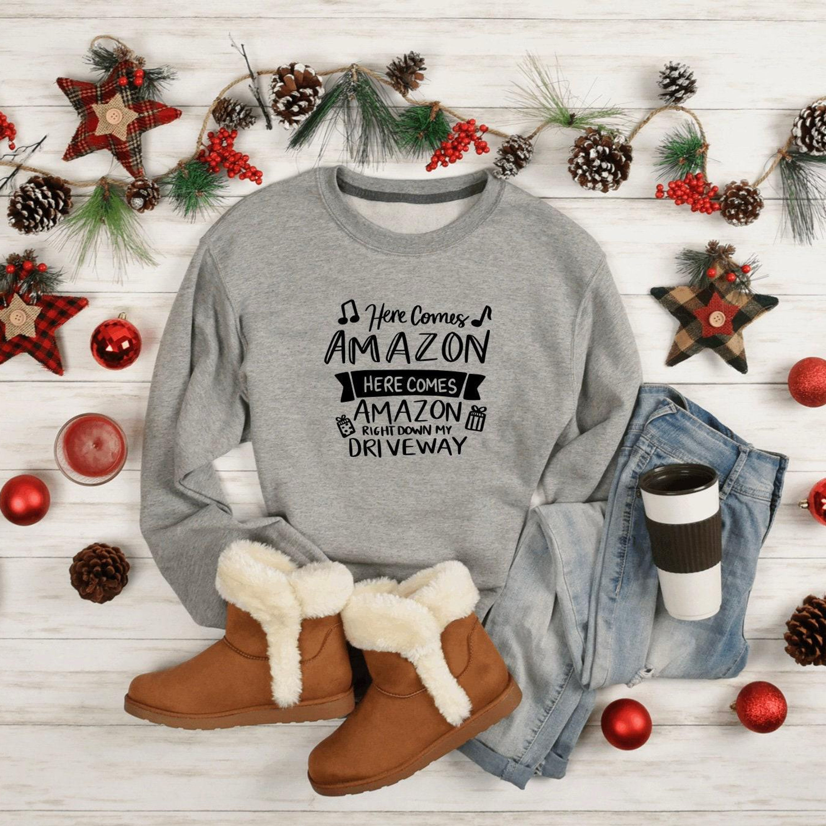 Here Comes Amazon Christmas Sweatshirt, Funny Tacky Holiday Jumper