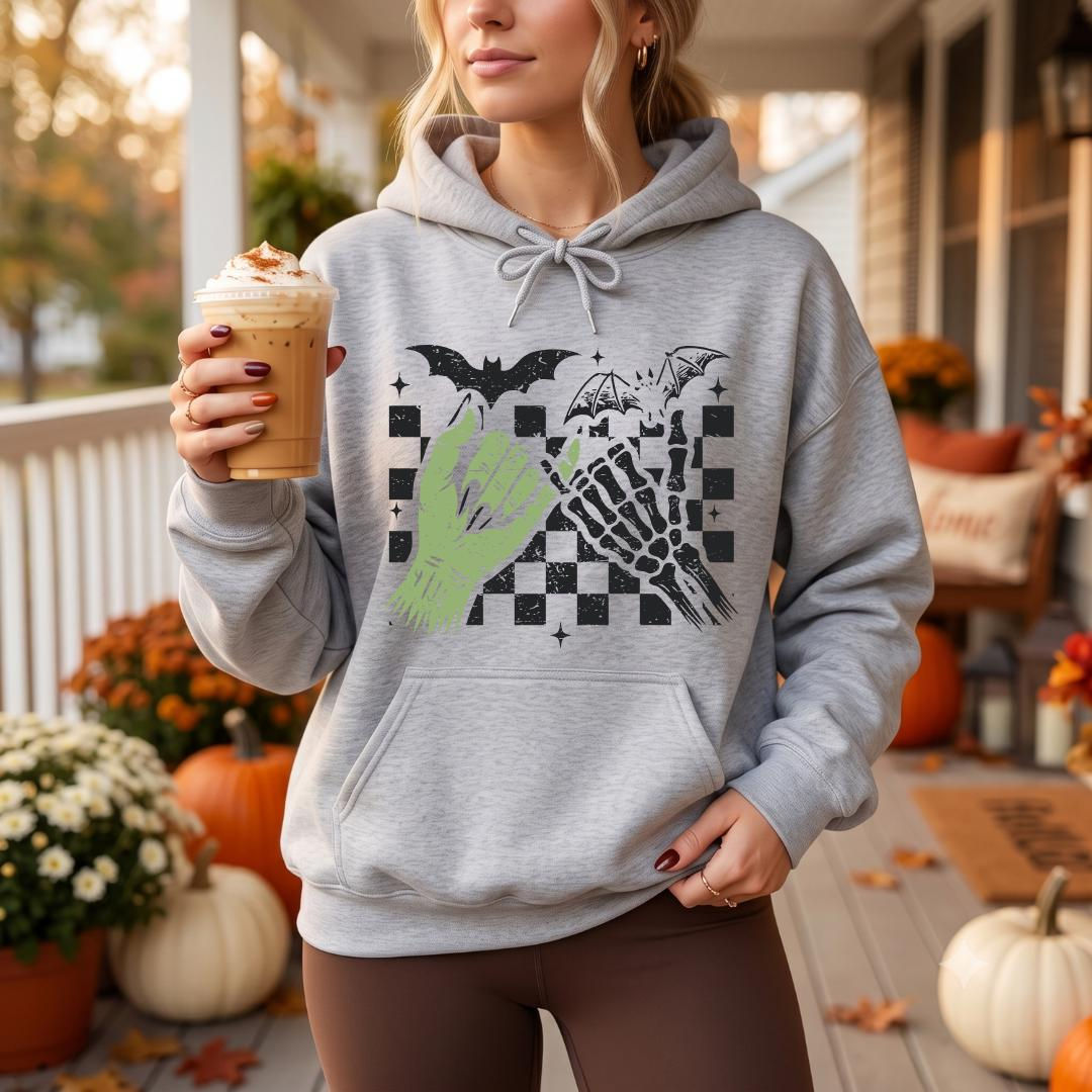 Checkered Halloween Hoodie, Zombie Skeleton Hands, Retro Bats Spooky Top