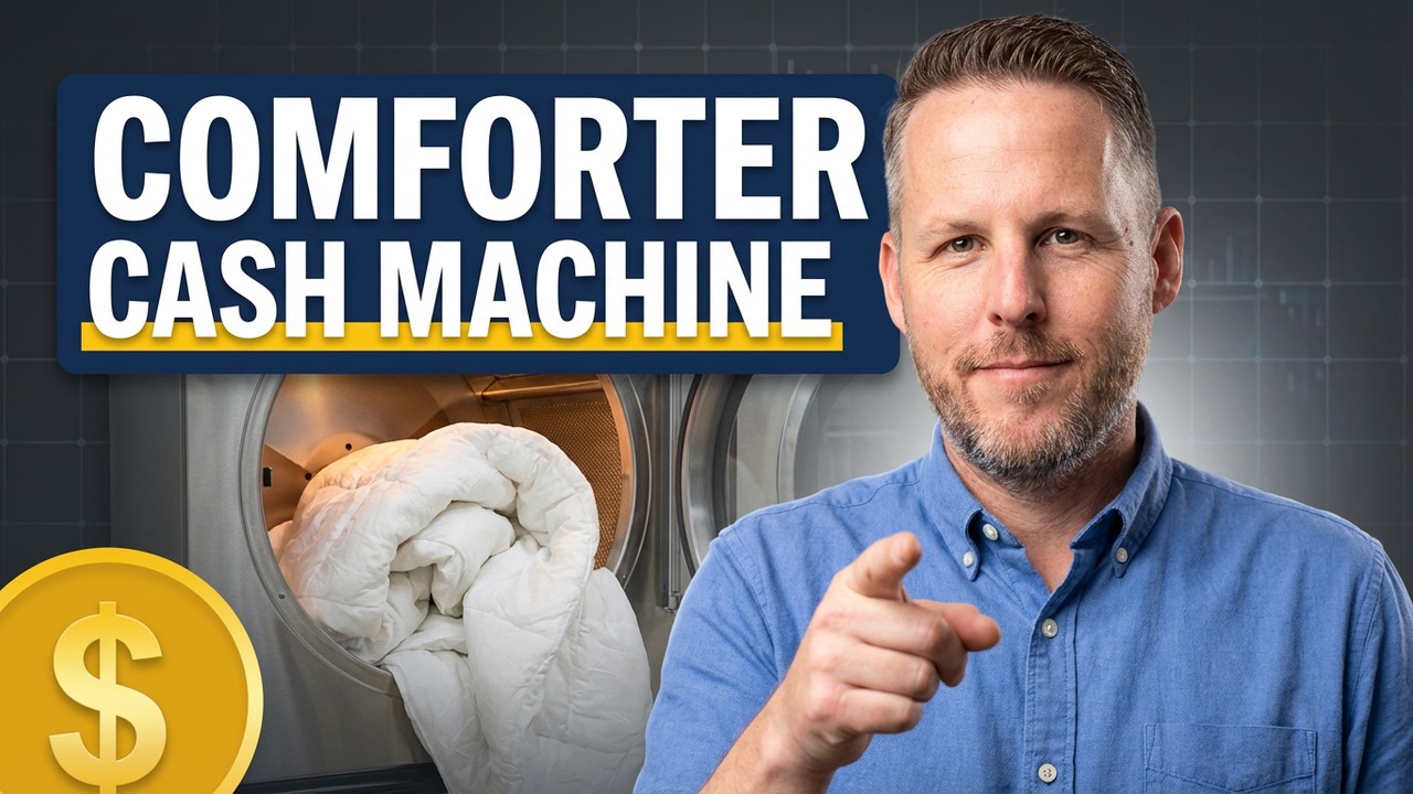 Josh Chapman pointing at the camera beside a comforter in a commercial dryer, with the words Comforter Cash Machine