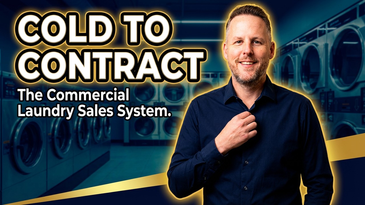 Josh Chapman in a laundromat beside the words Cold To Contract, The Commercial Laundry Sales System