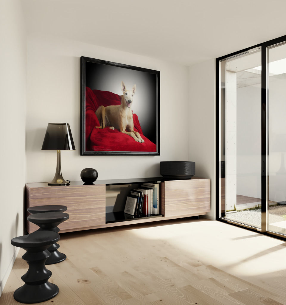 Living room with a cabinet and sculptural stools-Angled