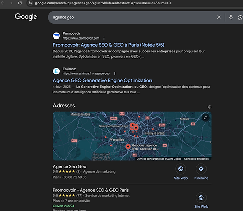 Capture d'écran des résultats Google sur "agence geo" , Promoovoir est en première position, Eskimoz en deuxième place
