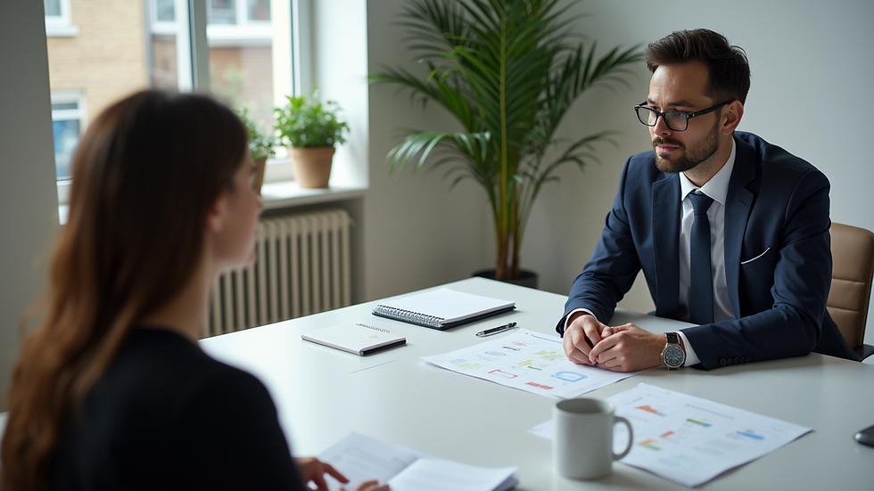 High angle view of a meeting room with HR consultant discussing plans with a client