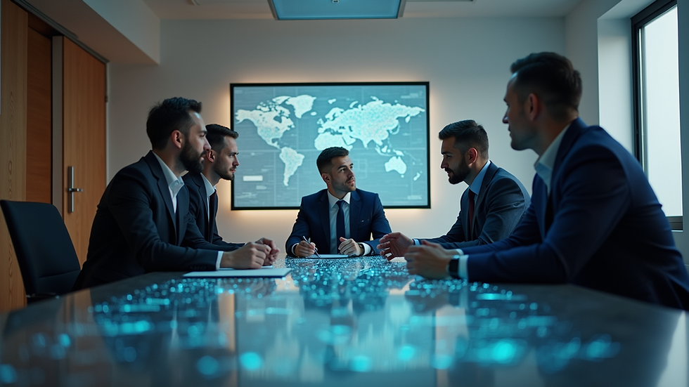 Eye-level view of a business team discussing AI strategy around a table