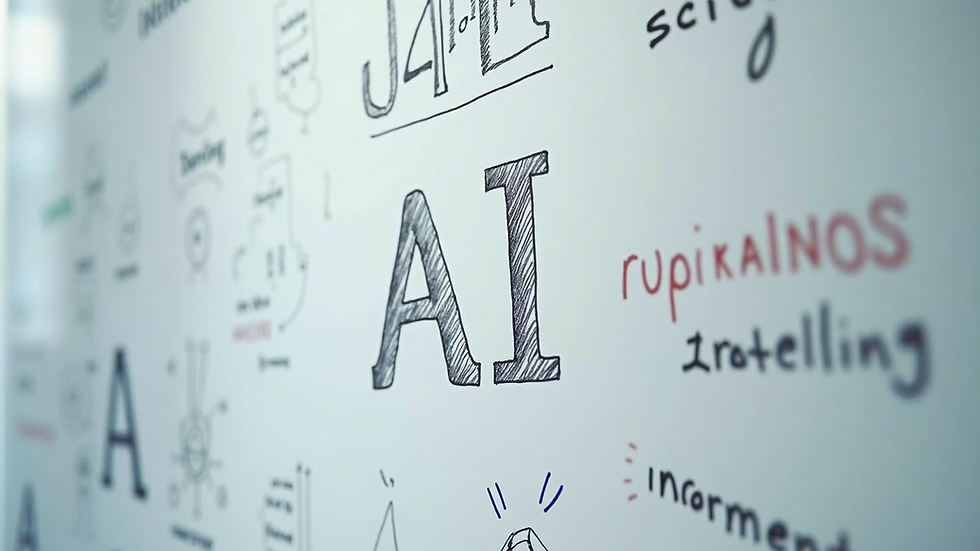 High angle view of a whiteboard with AI types and diagrams drawn
