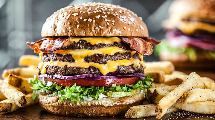 Triple decker burger with cheese and fries. Dallas Food Photography