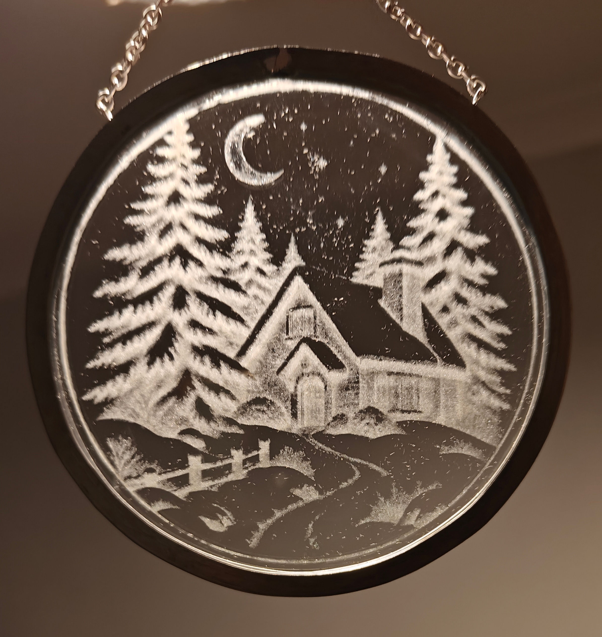 Glass, Lead rimmed, Frosted Christmas Scene