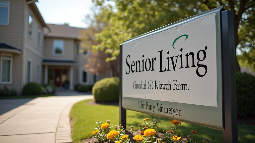 Eye-level view of senior living facility exterior with clear signage