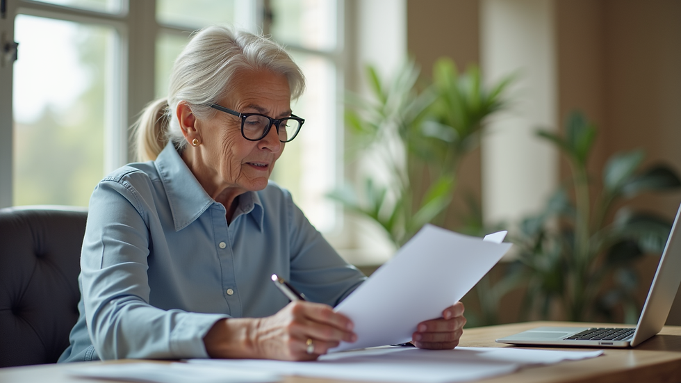 Eye-level view of a senior living facility administrator reviewing documents
