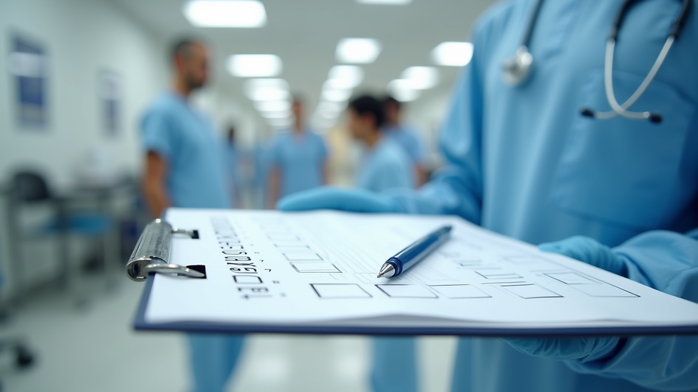 Close-up view of a checklist and pen on a clipboard in a healthcare facility