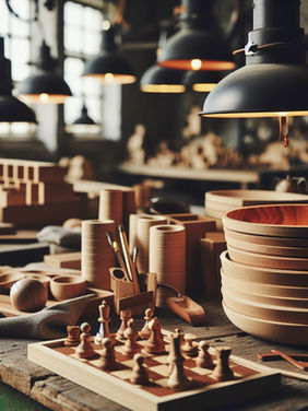 Workshop table with wooden bowls, chess pieces and crafts on display