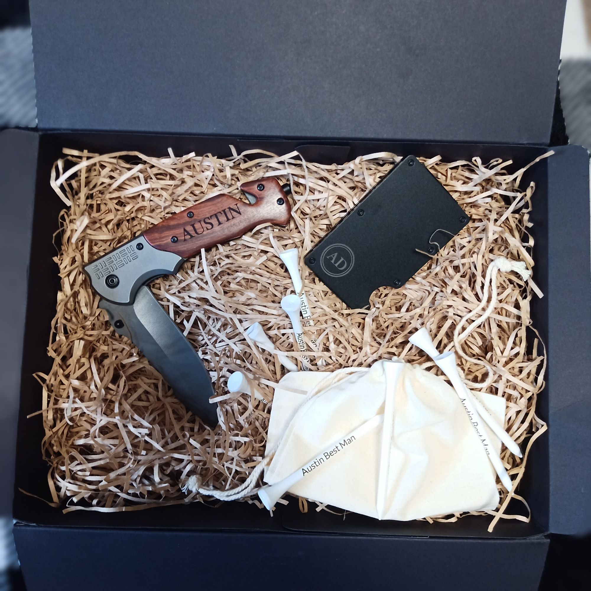 Wedding party gift set. knife, golf tees and wallet