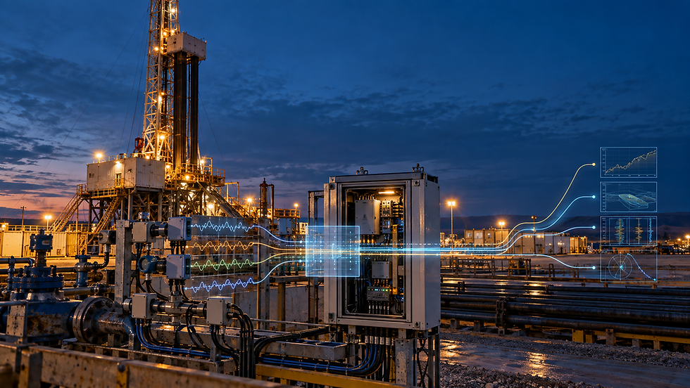 A drilling rig at dusk with an illuminated derrick and a control cabinet, overlaid with converging sensor data streams feeding analytics panels.