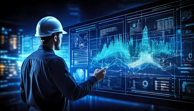 Drilling engineer reviewing data governance dashboards on holographic display