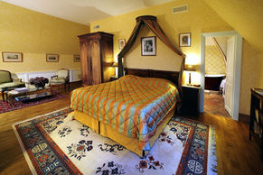 A bedroom with a four-poster bed and gold bedspread at Château Bourron