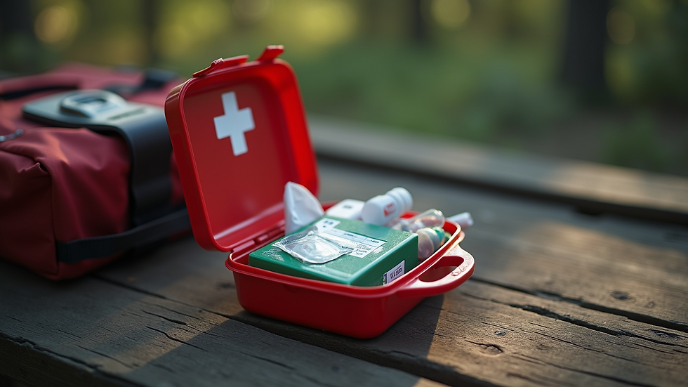 High angle view of a compact first aid kit opened on a camping table