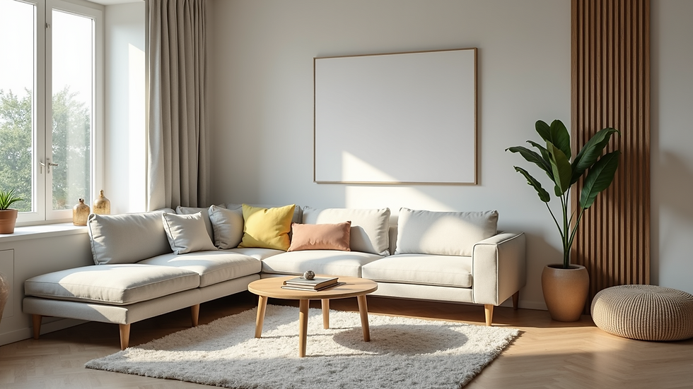 Wide angle view of a serene and organized living room space