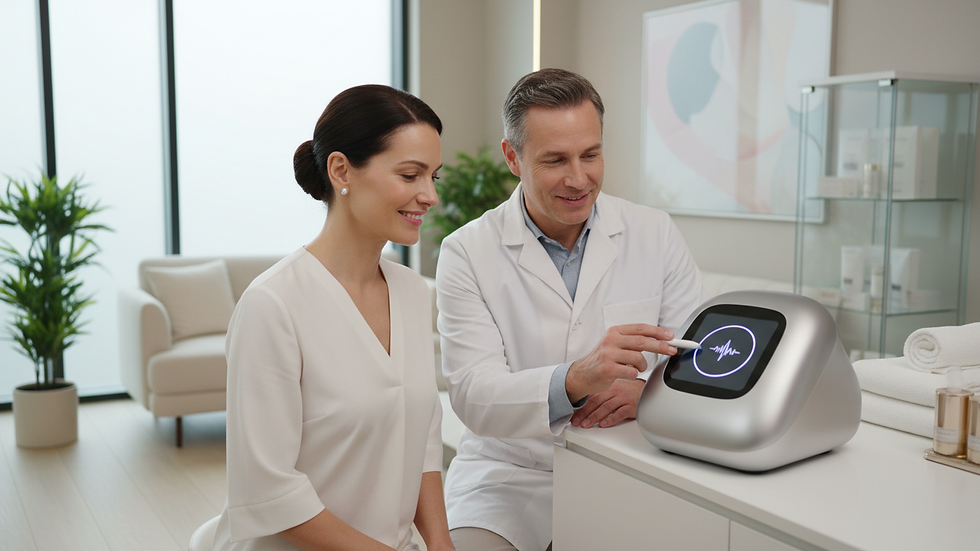 Eye-level view of a sleek radiofrequency device in a modern clinic room