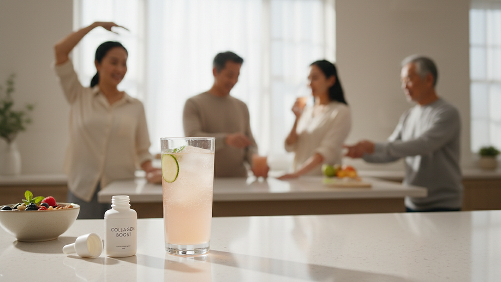 Eye-level view of a glass of collagen drink on a kitchen counter