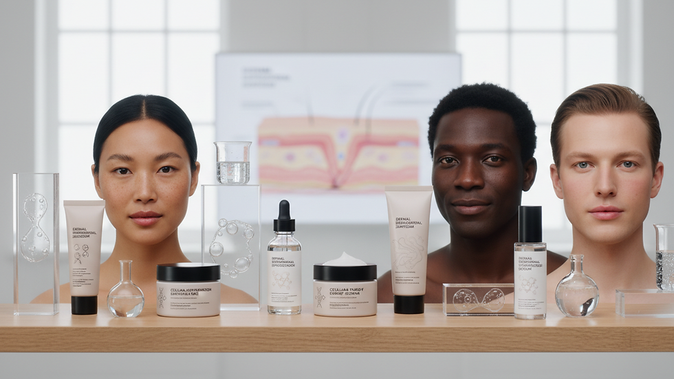 Eye-level view of skincare products arranged on a wooden shelf in a bright room