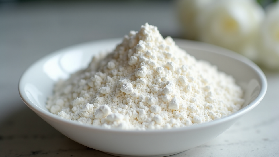 Close-up view of collagen powder in a white bowl