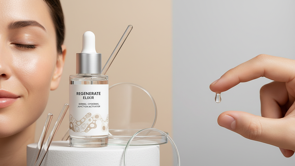 Close-up view of skincare serum bottle on a white surface