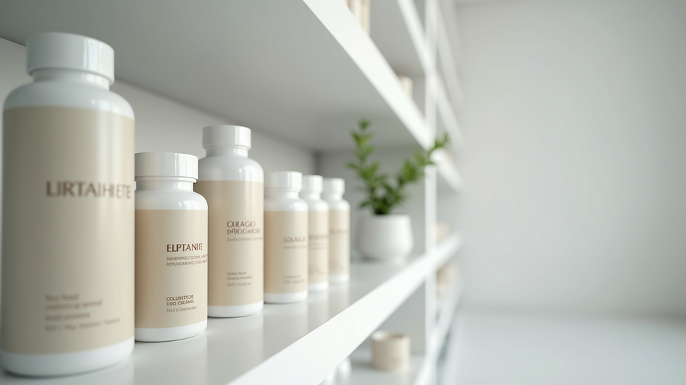 Eye-level view of collagen supplement bottles on a white shelf