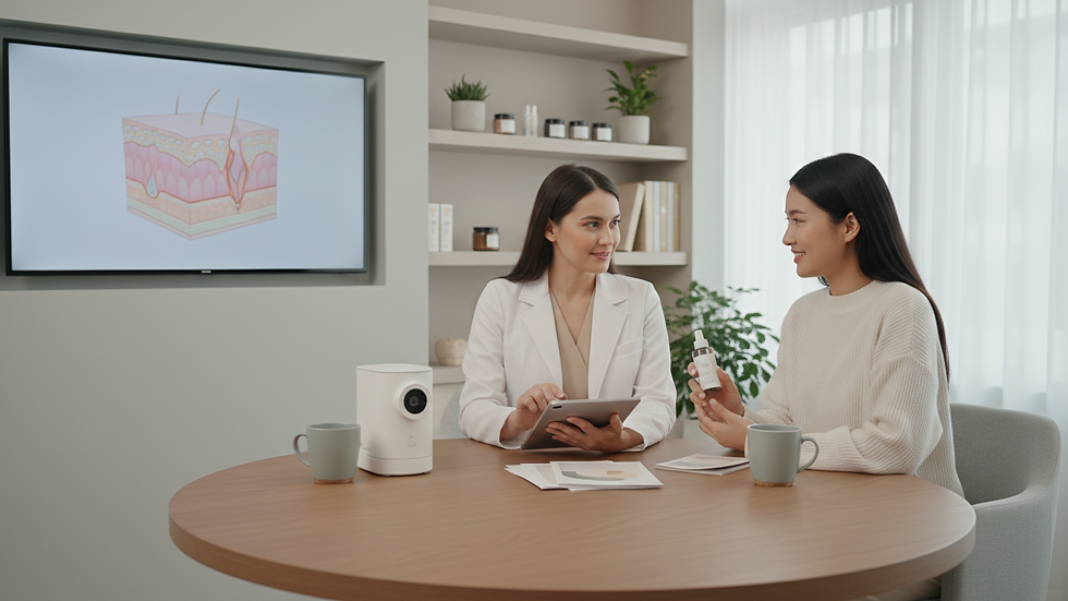 Eye-level view of aesthetic clinic consultation room with diagnostic equipment