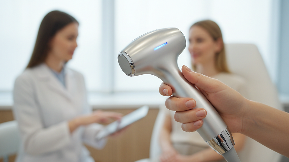 Close-up view of a HIFU device handpiece used in aesthetic treatments