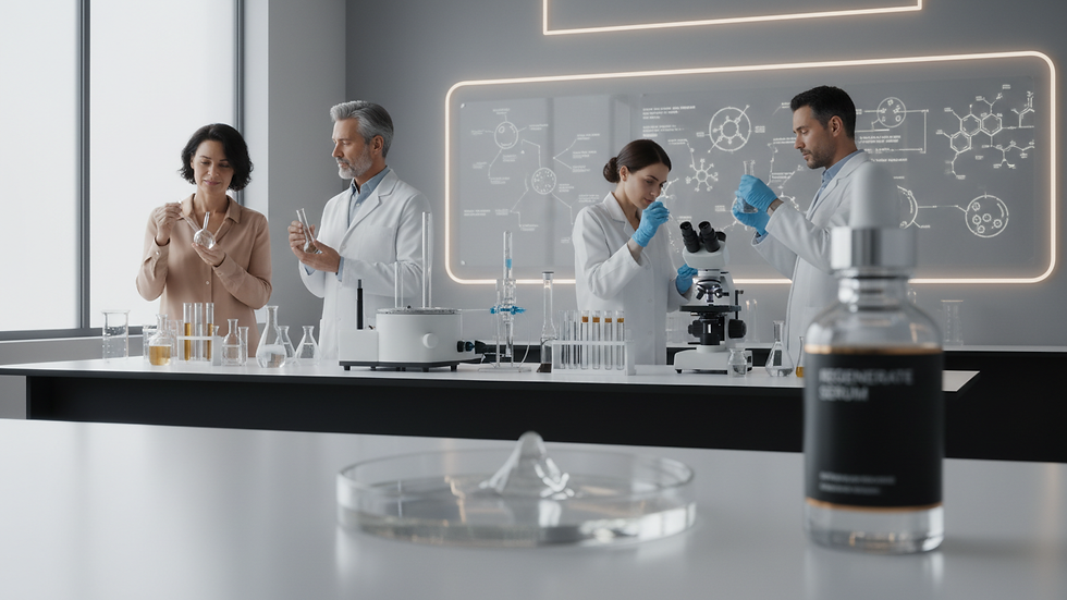 Eye-level view of a laboratory setting with skincare ingredients and scientific equipment