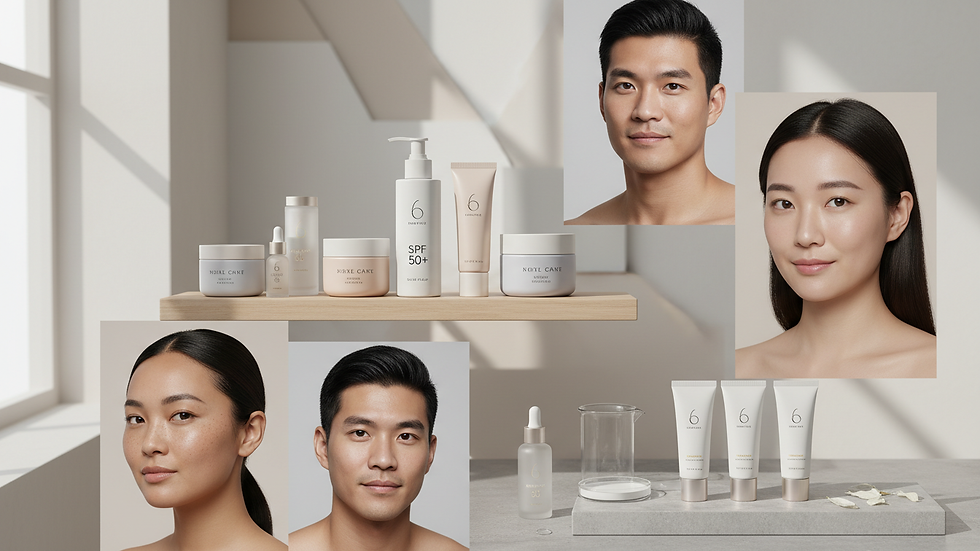 Eye-level view of skincare products and a sunscreen bottle on a bathroom shelf