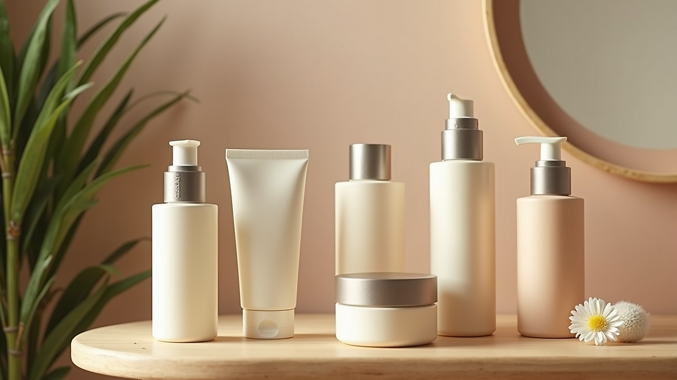 Eye-level view of skincare products arranged on a wooden vanity