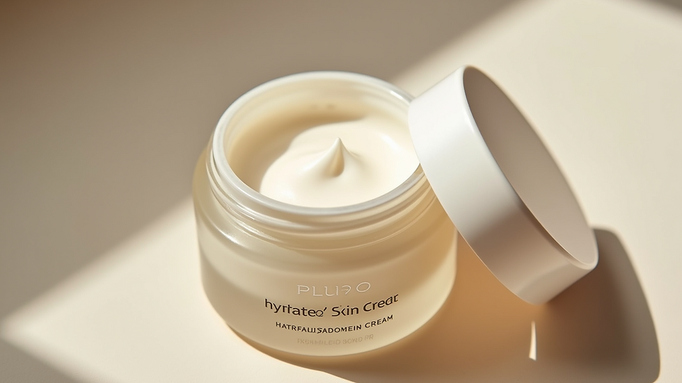 High angle view of an open jar of hydrating cream with smooth texture
