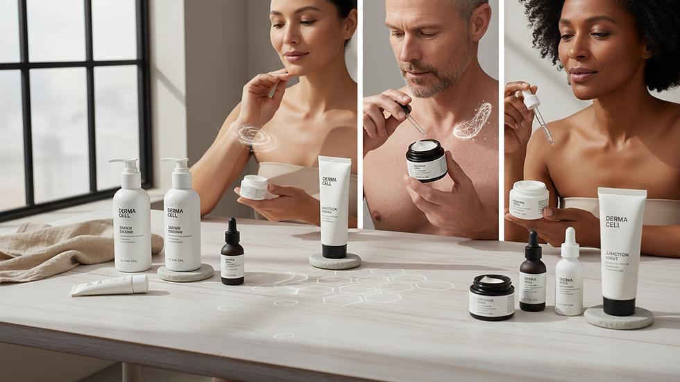 Eye-level view of skincare products arranged on a wooden table