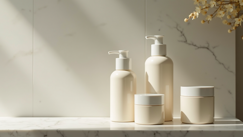 Eye-level view of skincare bottles arranged on a bathroom shelf