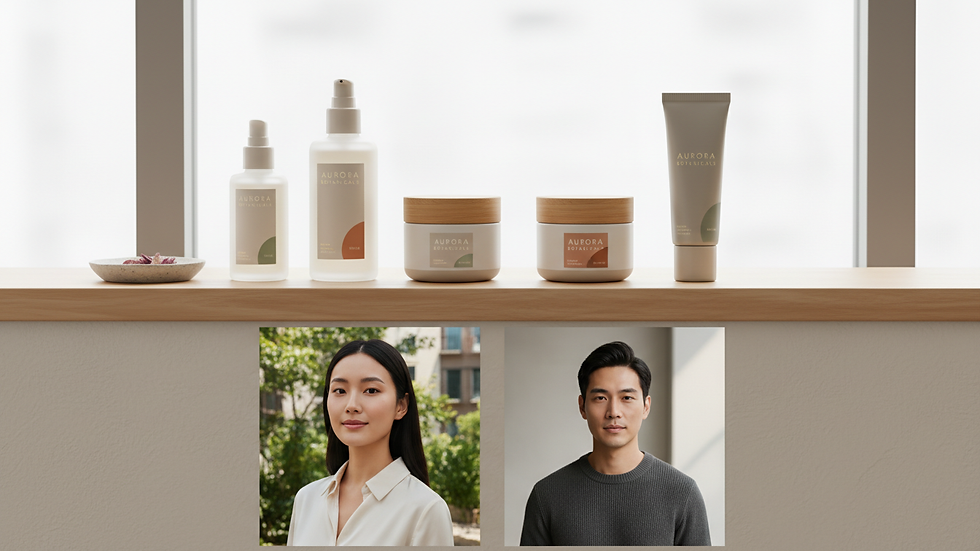 Eye-level view of skincare products arranged on a wooden shelf