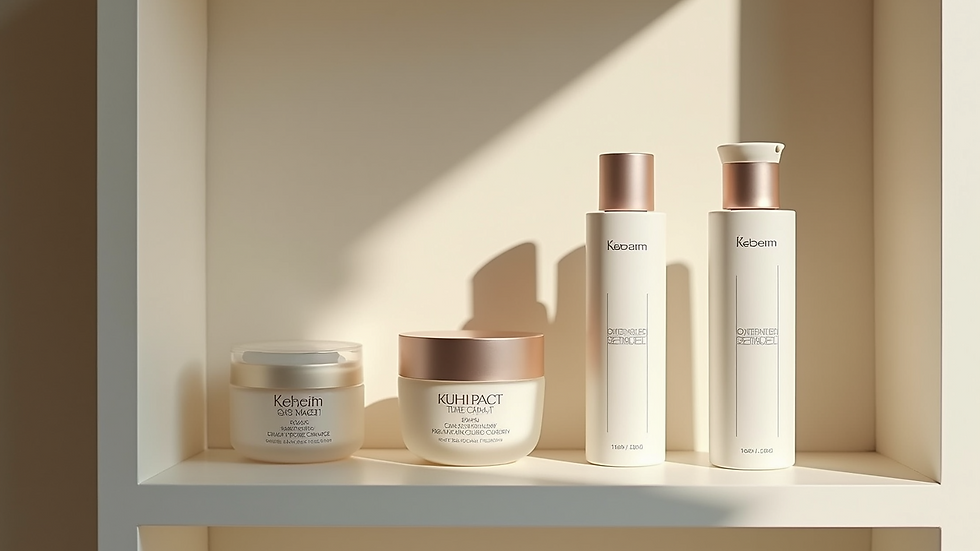 Eye-level view of skincare products arranged on a bathroom shelf