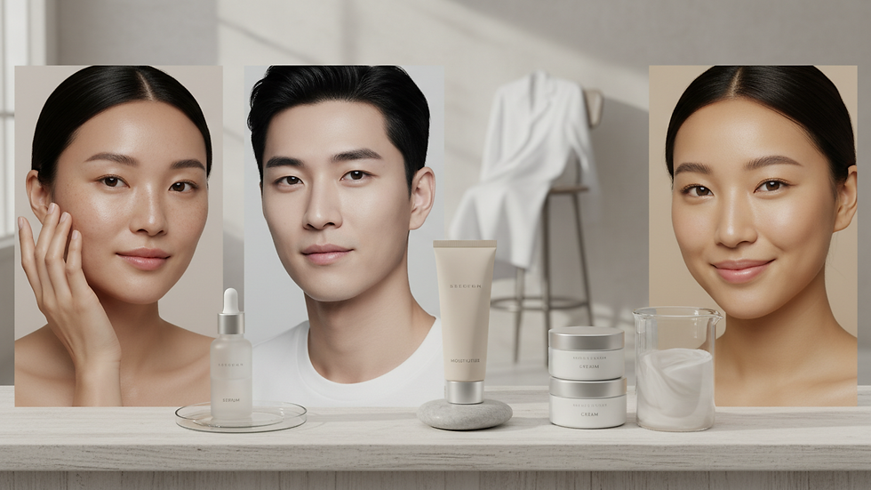Eye-level view of skincare products arranged on a wooden shelf