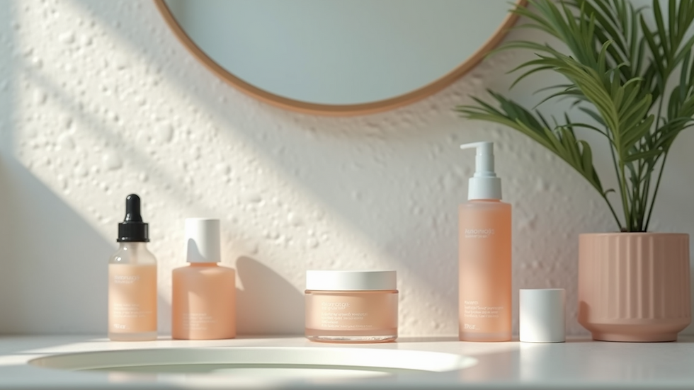 Eye-level view of a neatly arranged skincare routine setup on a bathroom counter