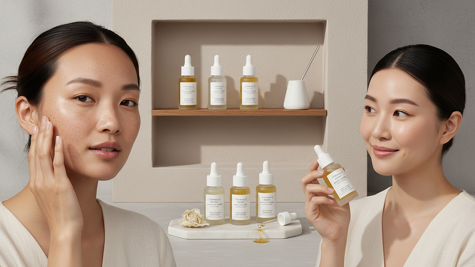 Eye-level view of a skincare shelf displaying various vitamin C serums